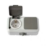 Блок роз с/з с крышкой+ 2 кл выкл серый ОП Пралеска АКВА IP54 16А (2В-РЦ-659(03))