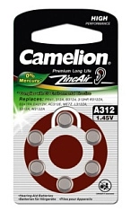 Батарейка для слухового аппарата 312 / ZA312 / PR41 Camelion BL-6 Mercury Free (A312-BP6 (0%Hg)
