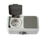 Блок  роз с/з с крышкой+ 1 кл выкл серый ОП Пралеска АКВА IP54 16А (В-РЦ-657(03))