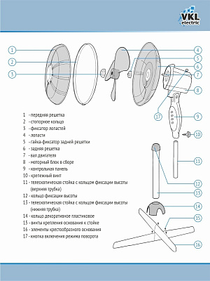 Вентилятор напольный VGF-01 Blue, 40 Вт, 3 режима, 90º поворот, синий VKL electric (4)
