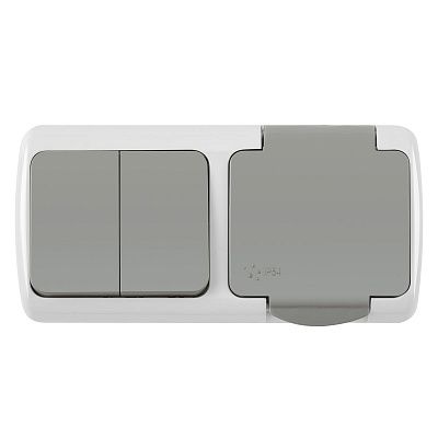 Блок розетка с/з с крышкой + 2 кл выключатель серый ОП, IP54 VKL electric (1/5/60)