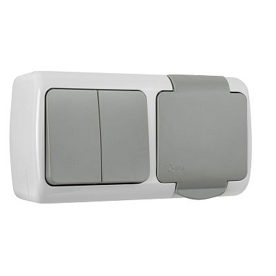 Блок розетка с/з с крышкой + 2 кл выключатель серый ОП, IP54 VKL electric (1/5/60)