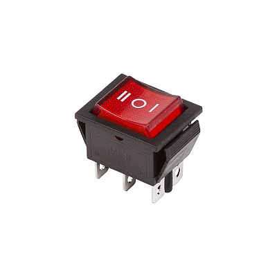 Выключатель клавишный 250V ON-OFF-ON, 15А (2*3с),  красный с подсветкой и нейтралью, REXANT