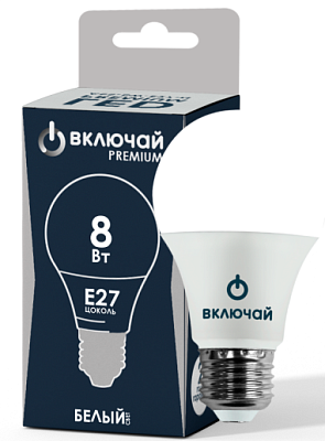 Лампа светодиодная 8W E27 A60 4000K 220V (LED PREMIUM A60-8W-E27-W) Включай РОССИЯ