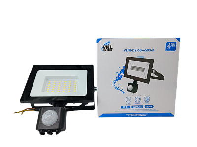 Прожектор LED с дат.движ.50W VLF8-D2-50-6500-B 6500К 6000Лм 220V IP65  148*155*58 (руч.рег) чер.VKL electric