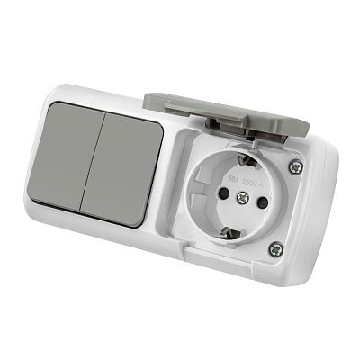 Блок розетка с/з с крышкой + 2 кл выключатель серый ОП, IP54 VKL electric (1/5/60)